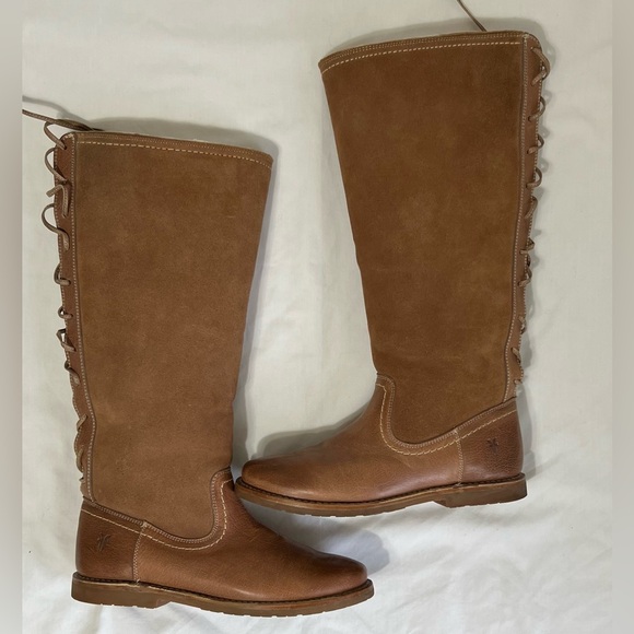 Frye Riding Cozy Tall leather Shearling lined Equestrian Boots Lace Up Back - Picture 8 of 13